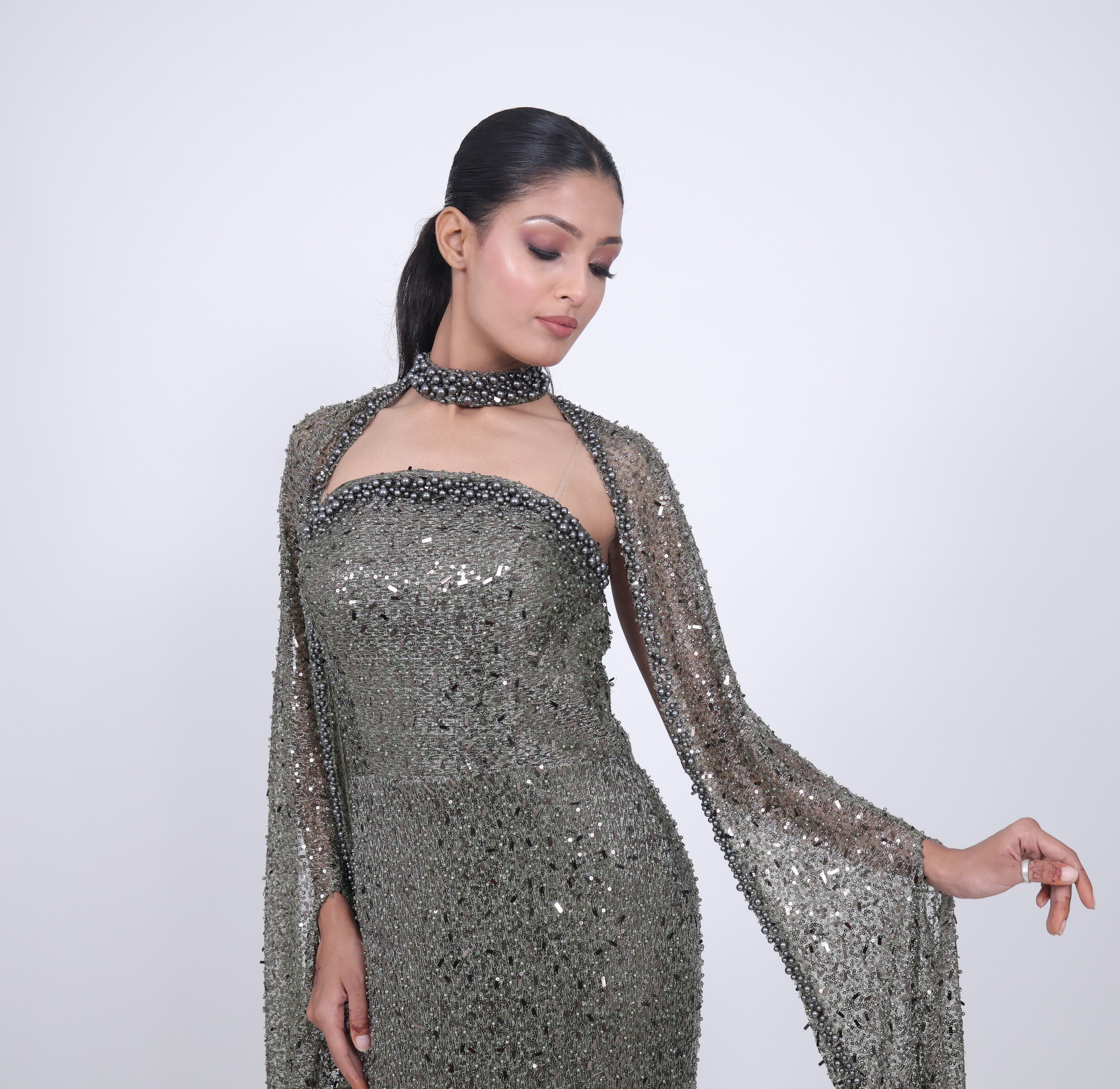 khaki beaded cape detail gown