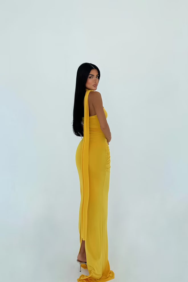 Yellow Bodycon Dress With One Shoulder Neck