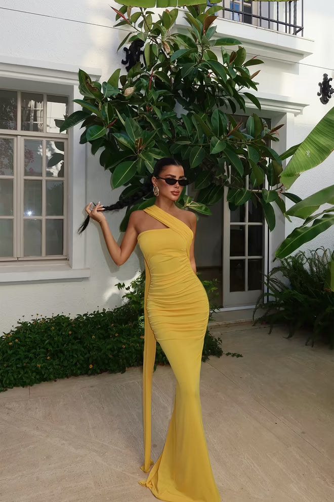 Yellow Bodycon Dress With One Shoulder Neck