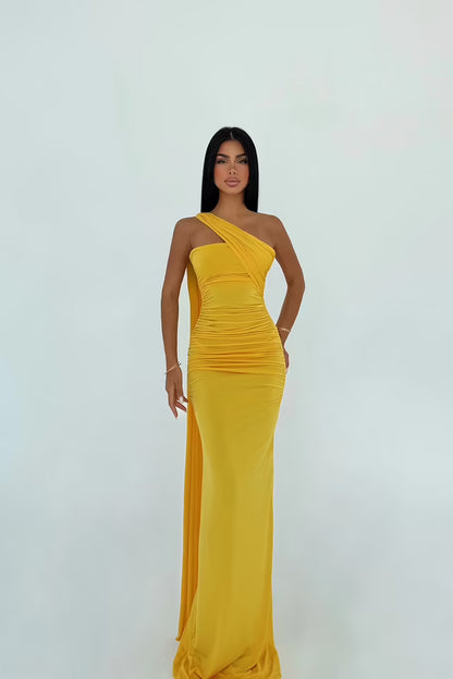Yellow Bodycon Dress With One Shoulder Neck
