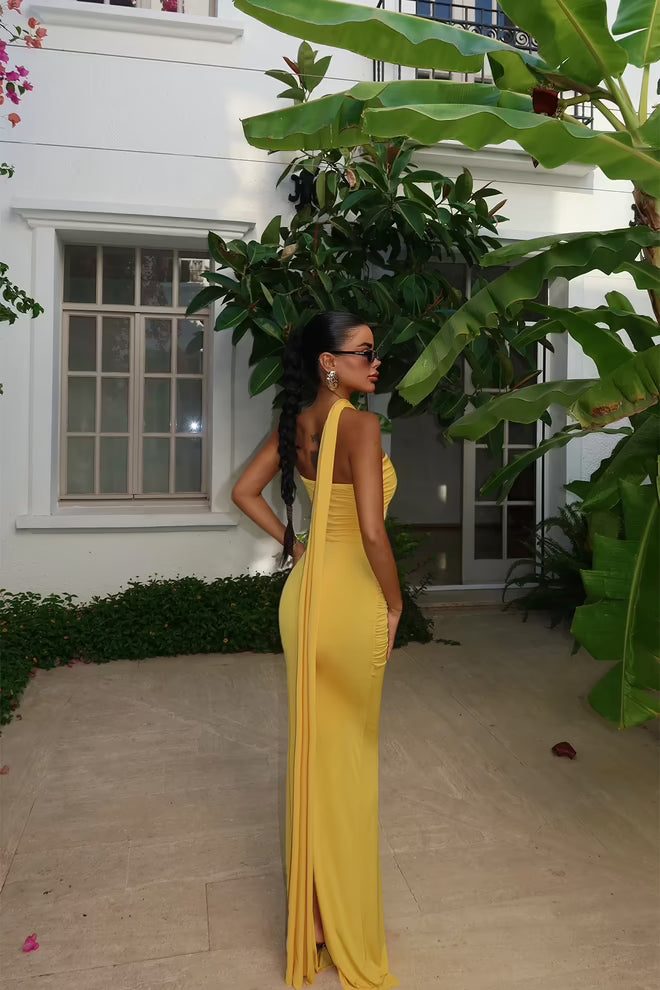 Yellow Bodycon Dress With One Shoulder Neck